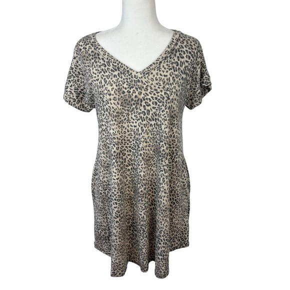 Leopard Print Short Sleeve V-Neck Dress - Mocha - Picture 1 of 7